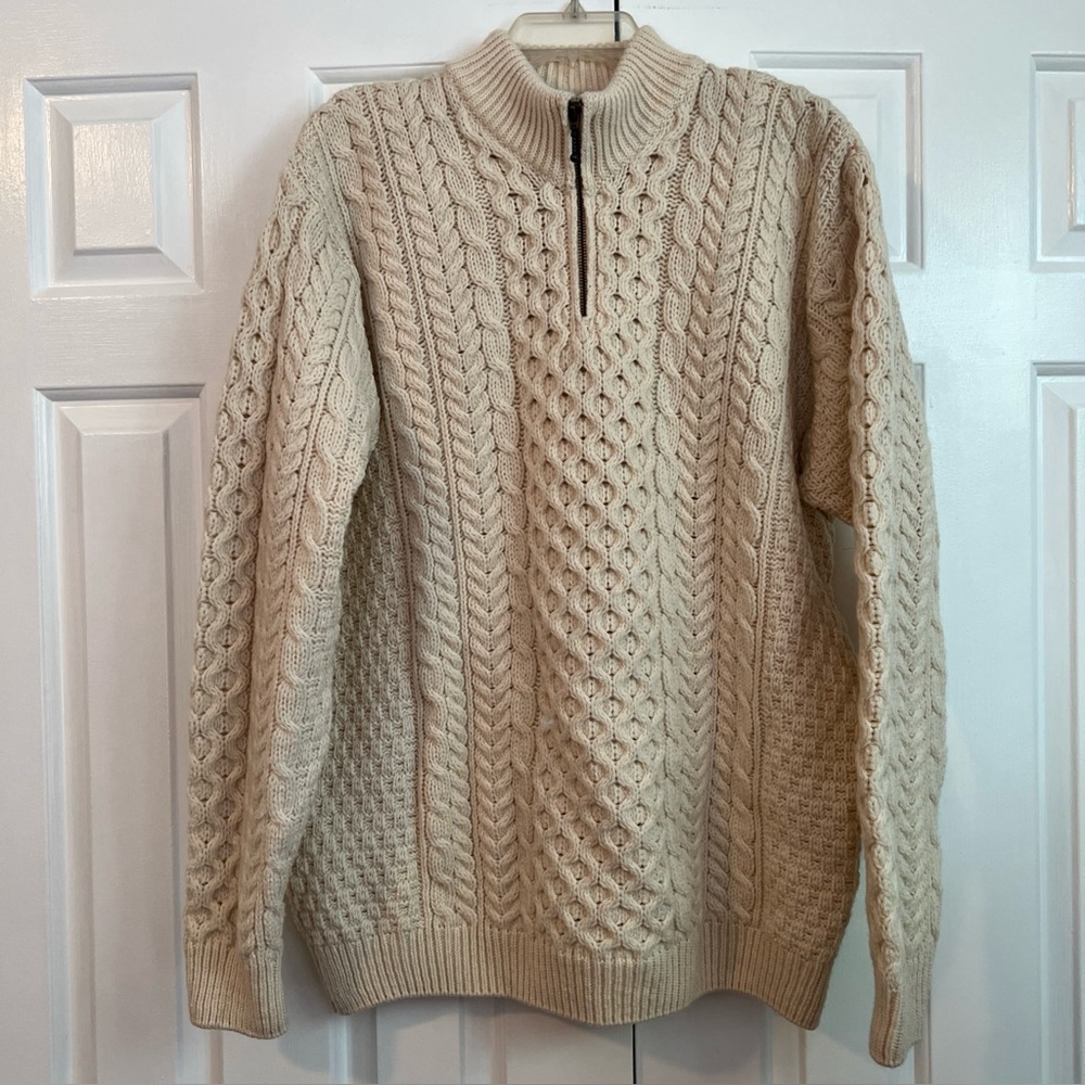 aran woollen mills Cable Knit Fisherman sweater XL Merino Wool Ireland Off White
